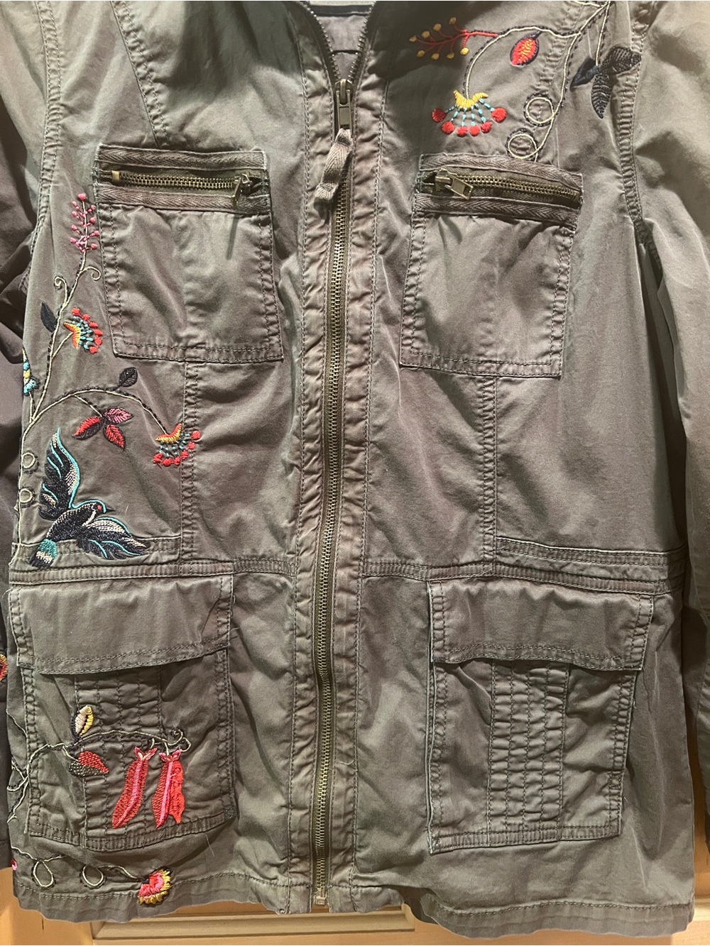 Sonoma Utility Jacket Women’s Olive Green Floral Bird Embroidered Zip-up Boho L - Picture 3 of 14